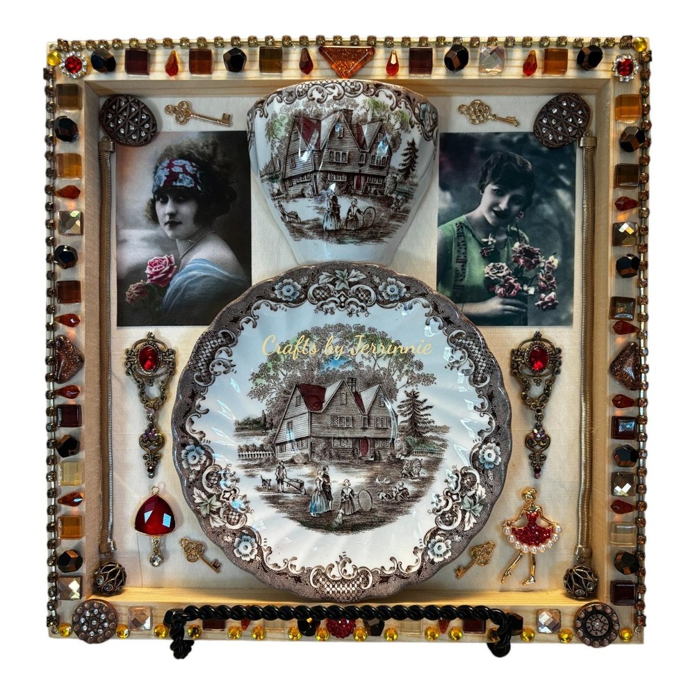 Jerrinnie Handcrafted Back in Time Tea Cup Art Piece Vintage Mixed Media Decor